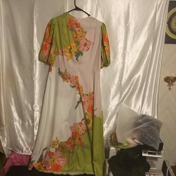 Floral Short Sleeve Tropical Silas  Puff Sleeve Crew Neck Midi Dress L - Picture 9 of 13